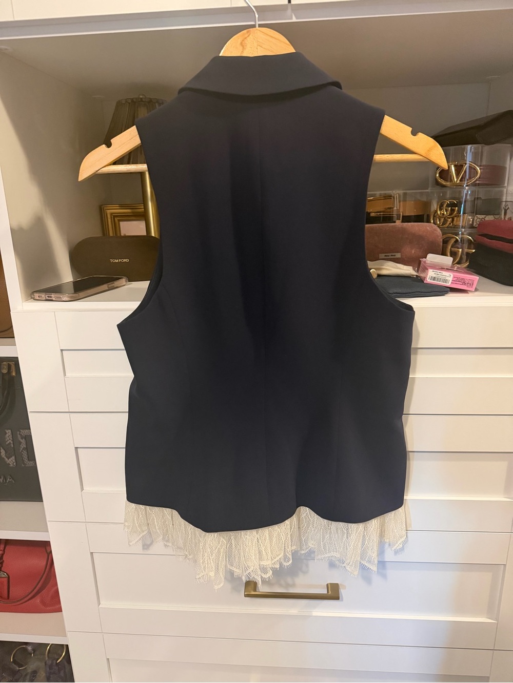 cinq a sept Navy Sleeveless Blazer Vest with Lace Hem and Brooch Accents - Picture 8 of 8